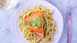 SEARED SALMON WITH LINGUINE AND RAMP PESTO